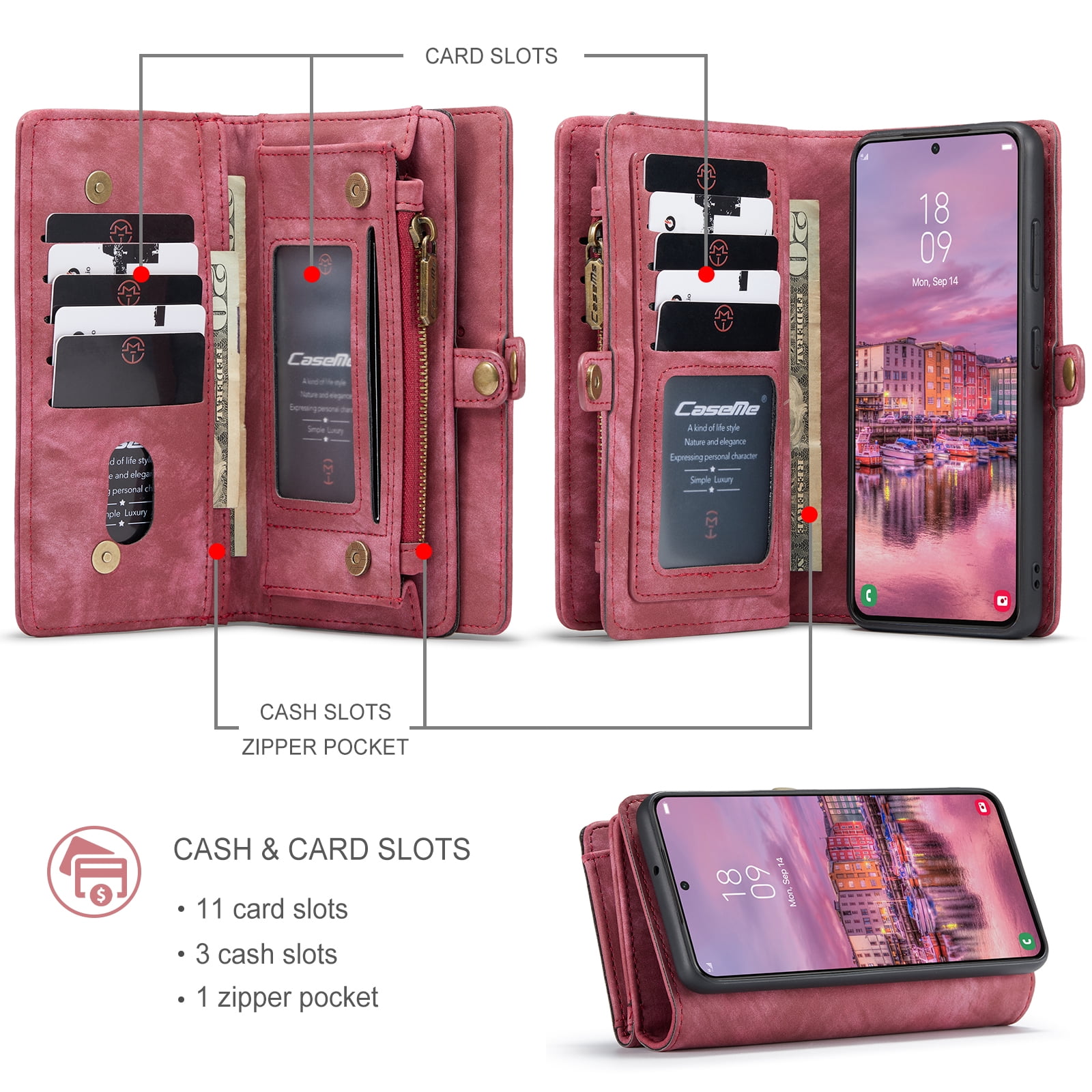 TECH CIRCLE Samsung Galaxy S22 Plus Case,Galaxy S22 Plus Wallet Case with Card Holder Kickstand Zipper Pocket Lanyard Strap Wristlet PU Leather Flip Case Wallet for Galaxy S22 Plus 6.6 inch,Red