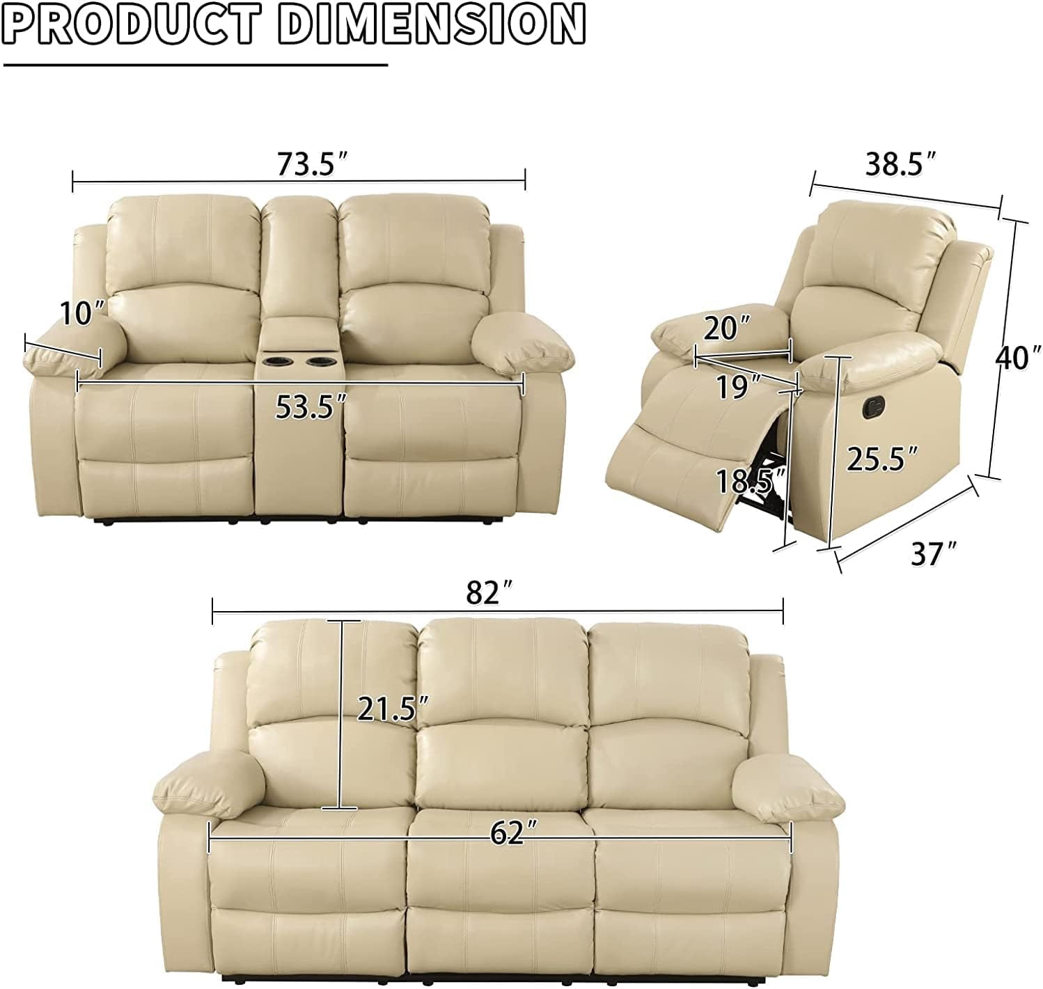 3 Piece Manual Recliner Sofa Couch, Home Theater Seating with Cup Holders, Living Room Furniture Sofa Set for Home Office