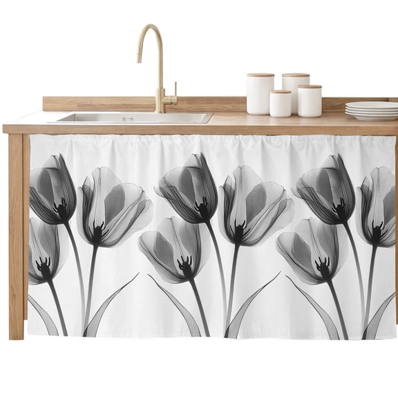 Tulip Black White Cabinet Curtains 28"W x 51"L,Dustproof Sink Skirt Curtain for Kitchen Bathroom,Spring Floral Botanical Bloom Adhesive Desk Skirt Privacy Curtains for Pantry Classroom Office Closet