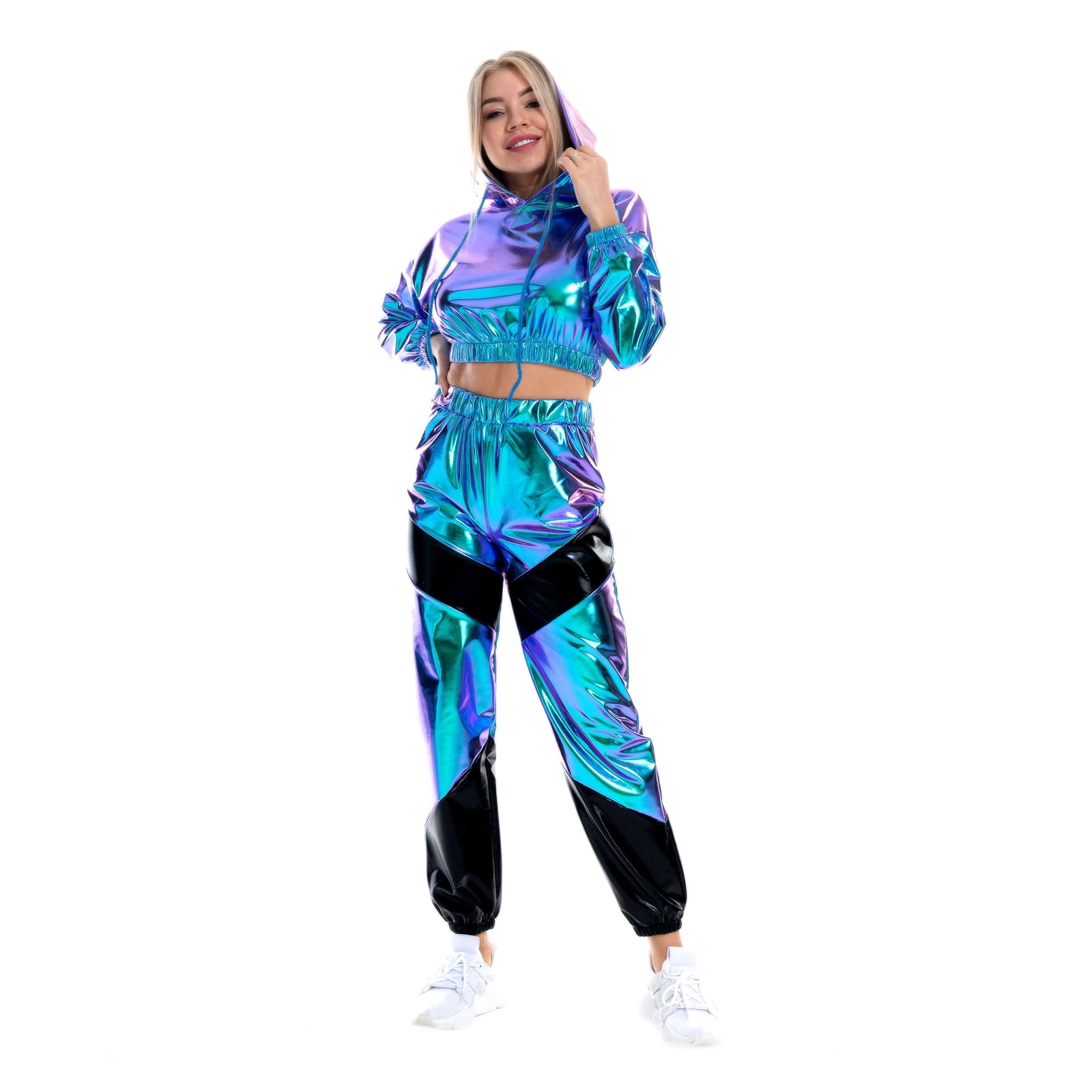 IBTOM CASTLE Women's Rave Outfit Shiny Crop Top Hoodie Casual Long Pants Hooded Workout Sweatshirt Dance Clubwear XL Holographic Blue