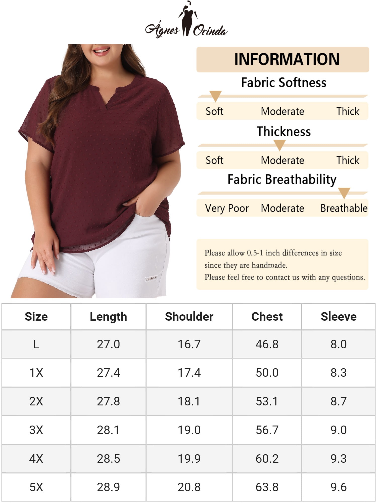 Unique Bargains Women's Plus Size Outfits Fashion Solid Pin Dots V Neck Top 1X Burgundy