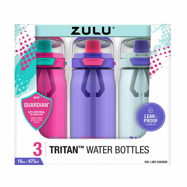 Zulu Flex Tritan Plastic 16oz Pink Water Bottle Set, 3-pack