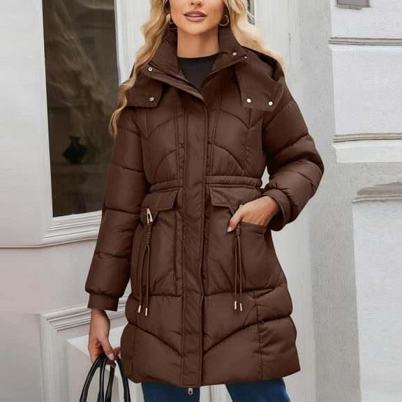 Gamivast Quilted Winter Jackets for Women Casual Button Down Hooded Warm Coats with Pockets Long Stand Collar Fall Zip up Solid Jacket Work Casual Outerwear
