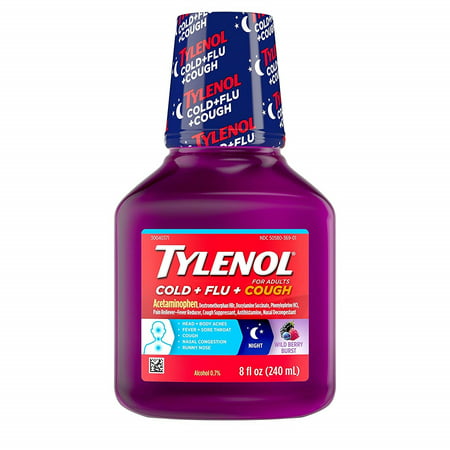 Tylenol Cold + Flu + Cough Night Liquid Medicine with Acetaminophen, Wild Berry, 8 fl. oz