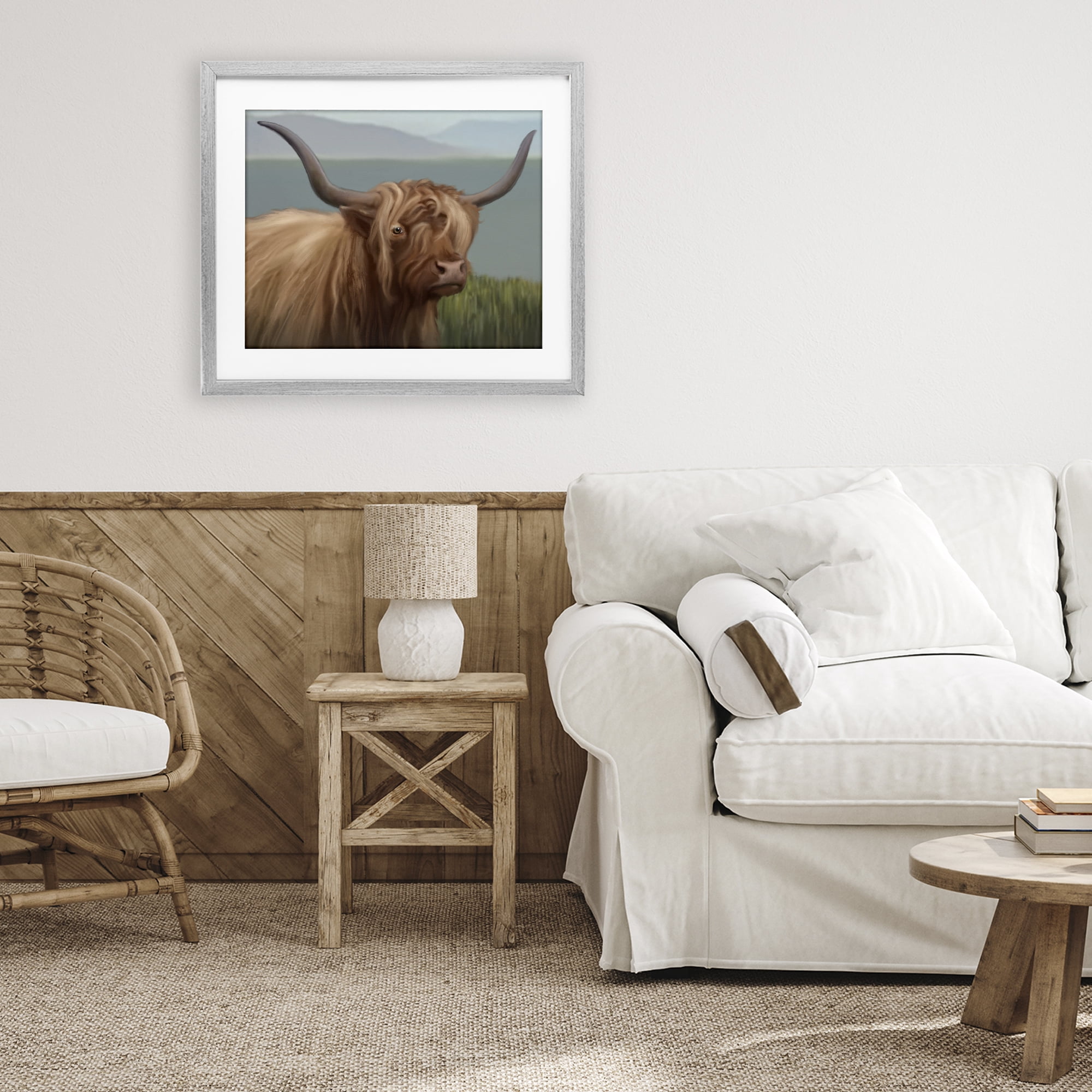 Stupell Industries Scottish Highland Cattle Landscape Gray Framed Print Under Glass, design by Matthew Piotrowicz