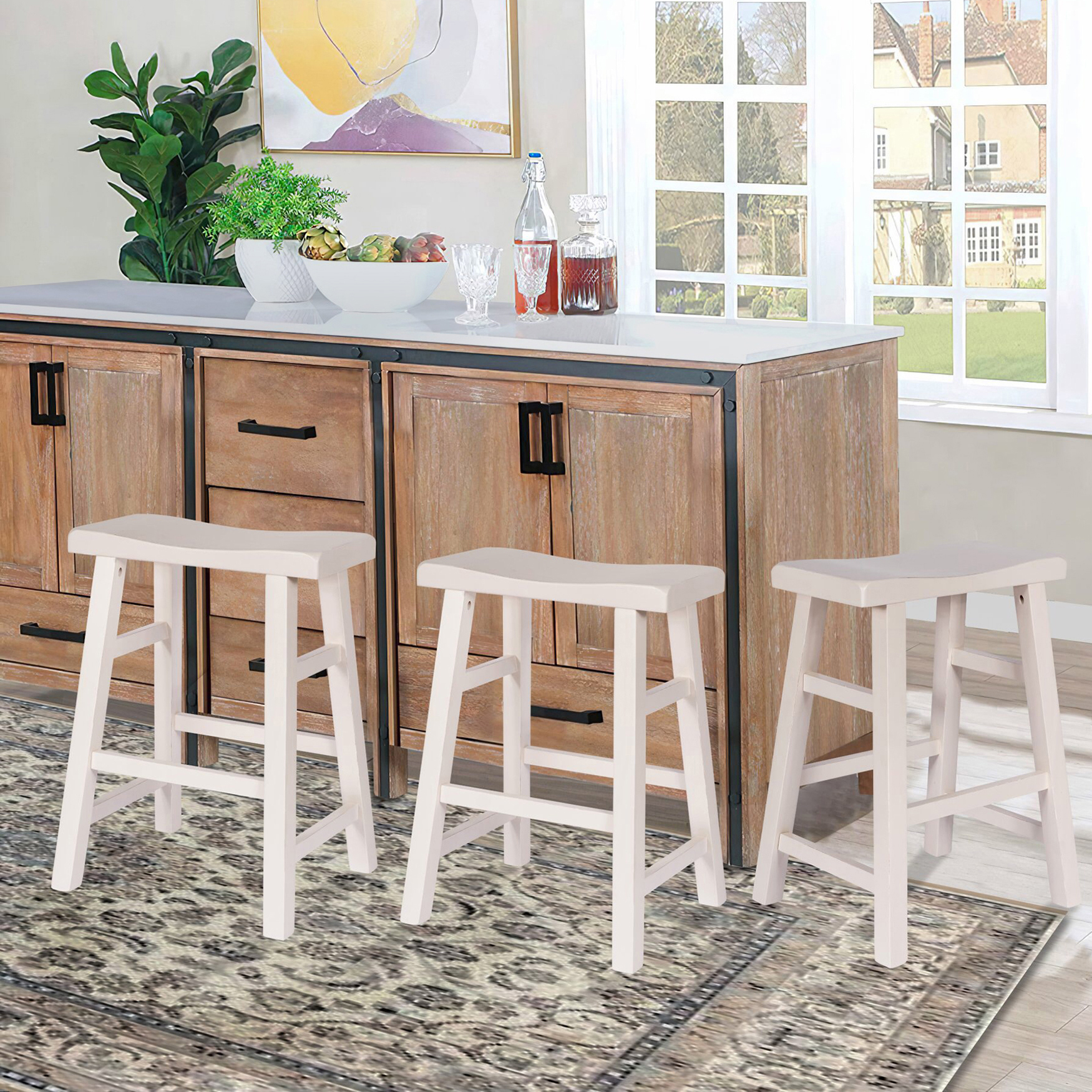 eHemco Heavy-Duty Solid Wood Saddle Seat Kitchen Counter Height Barstools, 24 Inches, White, Set of 3 - image 4 of 6
