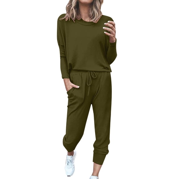 Baqcunre Women Solid Color Long Sleeve Loose Long Pants 2 Set Piece,Size S-3XL,Sweat Set for Women,Outfits for Women,Two Piece Sets for Women,Crew Neck Sweatshirts Women,Womens Clothes,Army Green