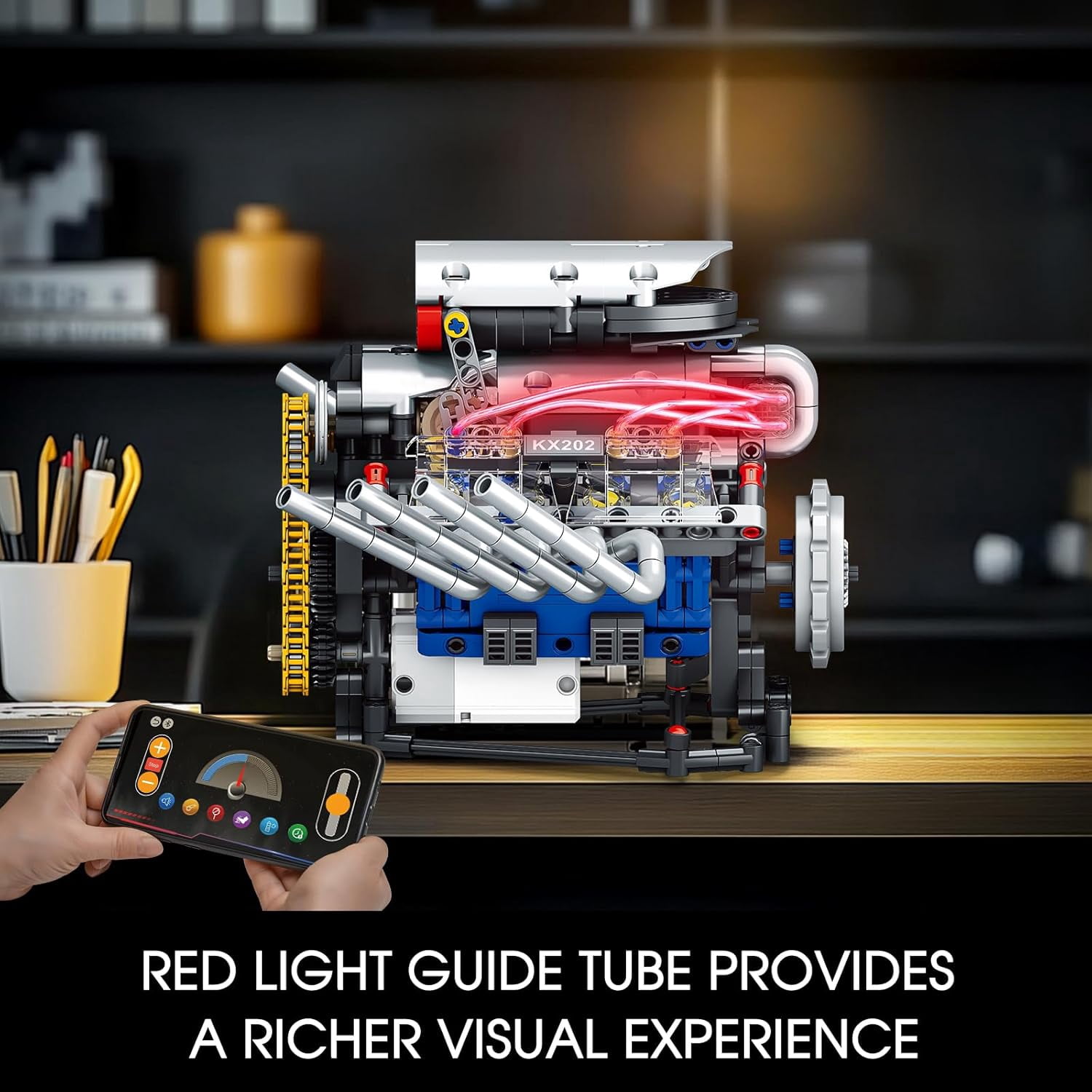 V8 Engine Model Kit That Works, APP Controlled Mini V8 Engine Building Block Set for Adults, Physical Science Experiment Toy with Rechargeable Motor, STEM Project