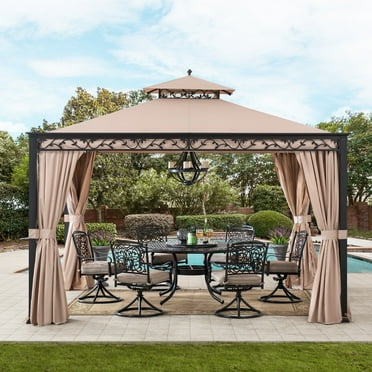 Sunjoy 10 ft. x 12 ft. Outdoor Backyard Gazebo Steel Frame Soft Top Gazebo with Netting, Curtains,  Decorative Vine Frame