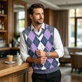thumbnail image 7 of Dwellite Mens Plaid Sweater Vest Casual Sleeveless Knit Pullover V Neck Business Office Fall Winter Sweaters Light Purple S, 7 of 7