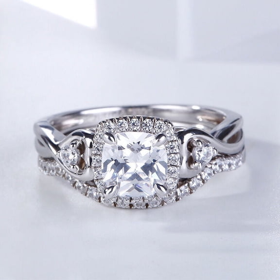 Oryn Jewelry 2 Ct Cushion Cut Moissanite Ring – 14K White Gold Plated Women's Band – Elegant 3 Stone Halo Engagement Jewelry – Wedding Ring Design