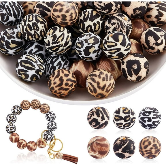 60 Pcs Leopard Print Silicone Beads Kit for Keychain Bracelet & Necklace