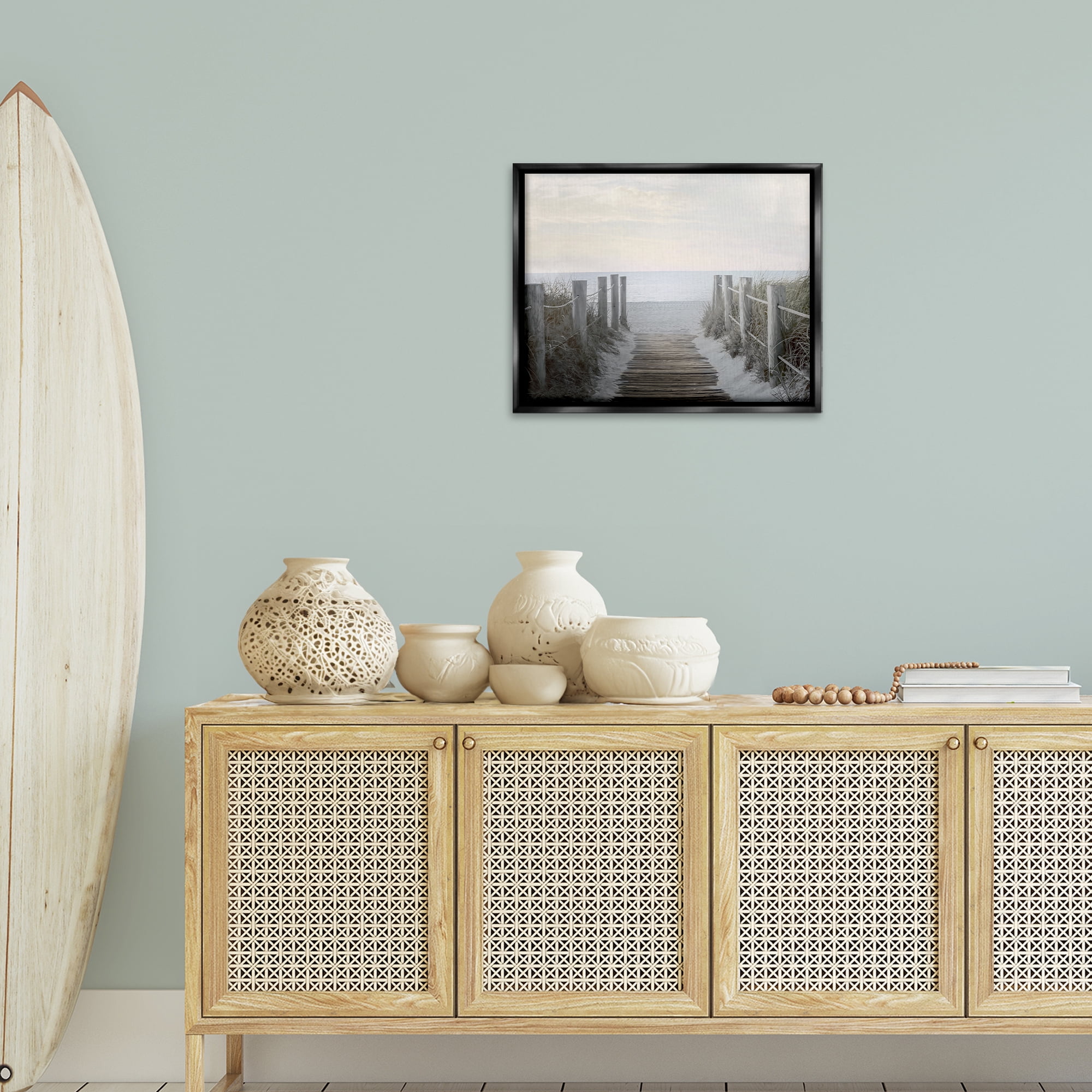 Stupell Industries Boardwalk Steps to Beach Landscape Photography Black Floater Framed Canvas Art Print Wall Art, 21 x 17
