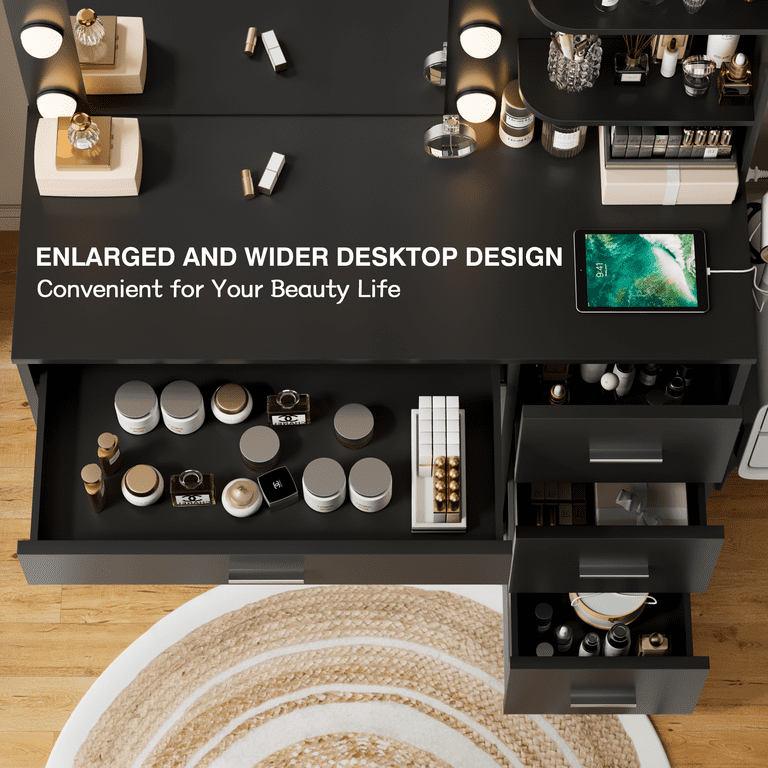 Vineego Makeup Vanity with LED Lights, Vanity Set with Charging Station & Ample Storage, Vanity Desk for Bedroom & Dressing Room, Black