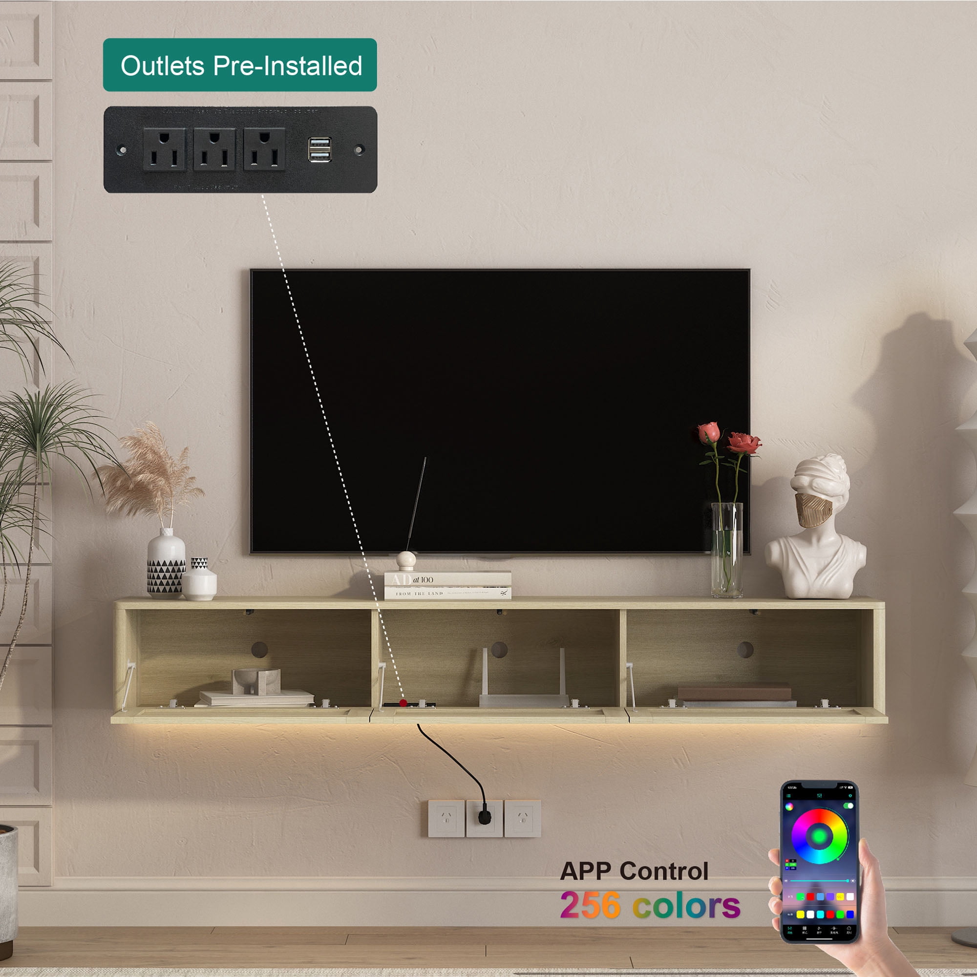 S-HOME Wall Mounted TV Shelf Featuring Led Lights and Power Outlet, High Gloss Floating TV Stand for Your Living Room，Light-colored Wood