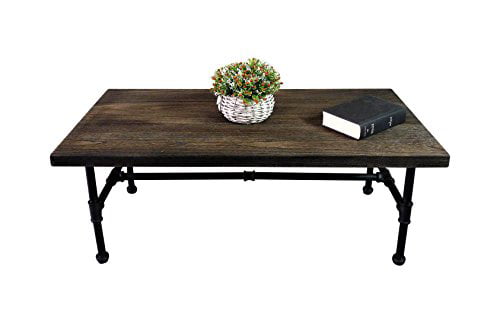 FURNITURE PIPELINE Industrial Metal with Reclaimed Aged Wood Finish Rectangle Pipe Coffee Cocktail Table 