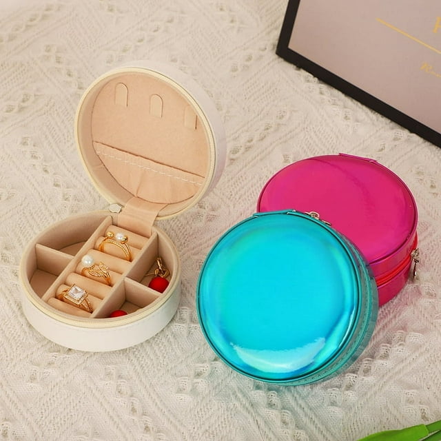 Caja de almacenamiento de pendientes de cuero PU redonda, caja de joyería, caja de viaje portátil, caja de cajero de joyería