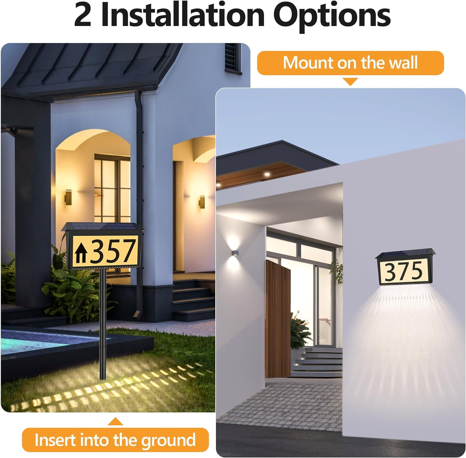 2 IN 1 Solar Address Sign for Yard Lighted House Numbers Waterproof Illuminated Address Plaque with Stakes 22 LEDs 3 Color Lighting Modes Wall Mounted/In Ground 2 Ways for Outside Street