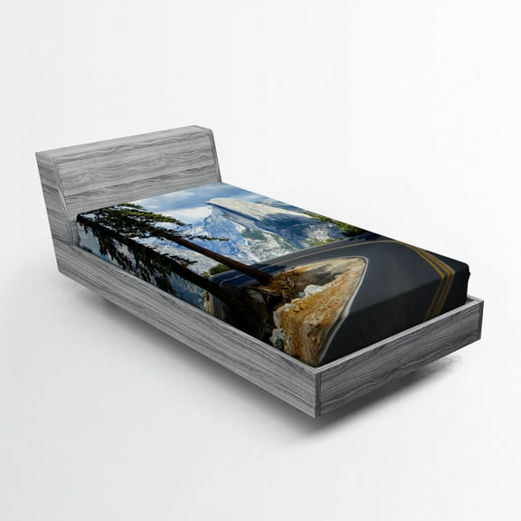 Ambesonne Green Fitted Sheet, Mountain Road Landscape, Twin Size, Green