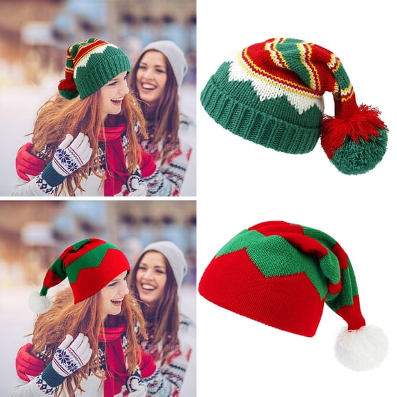 Hkoxplj Christmas Elf Hat for Adults Men Women Knitted Santa Elf Hat with Long Tail and Pom Pom Red Green Striped Elf Hat Winter Warm Party Hat Holiday Costume Accessories Xmas Hat