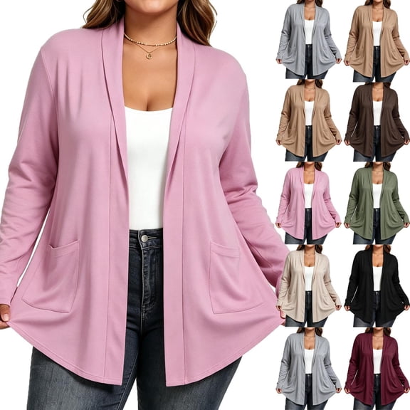 Iroehba Womens Cardigan Plus Size Long Sleeve Open Front Solid Color Relaxed Cut Casual Outerwear with Pockets for Everyday Wear