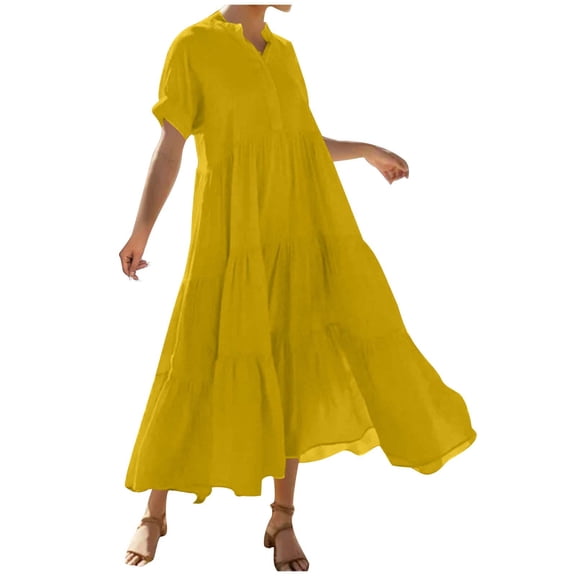 Zpanxa Casual Short Sleeve Dress for Women Solid Color V Neck with Button Front Ruching Full Flowy Skirt