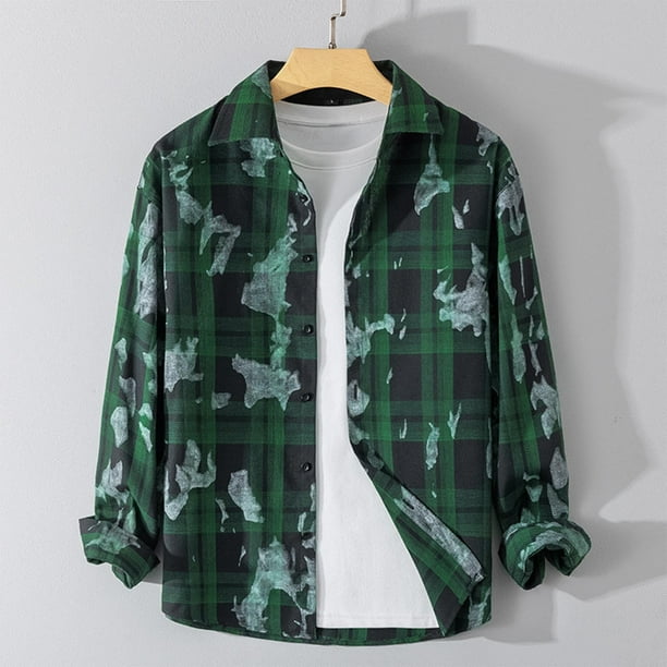 Blusa y camisa de manga larga con cuello vuelto para hombre, estilo casual, de color liso, con botones, de poliéster.