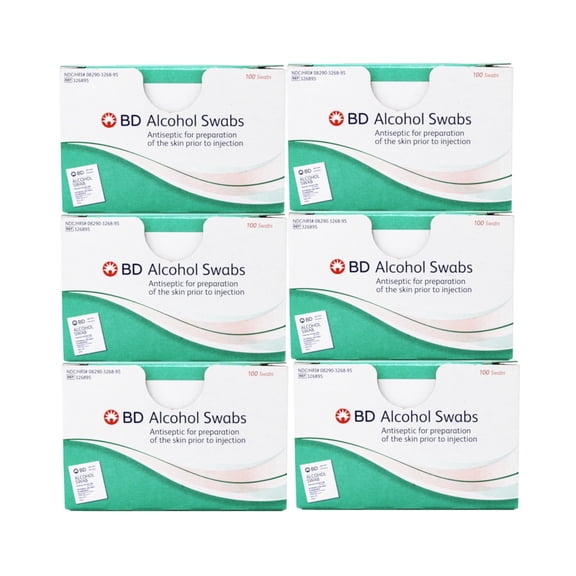BD Alcohol Prep Pads, 70% Isopropyl Alcohol Swabs, Individual Packet 1 X 3/4 Inch 6 Boxes of 100 (600 Count)