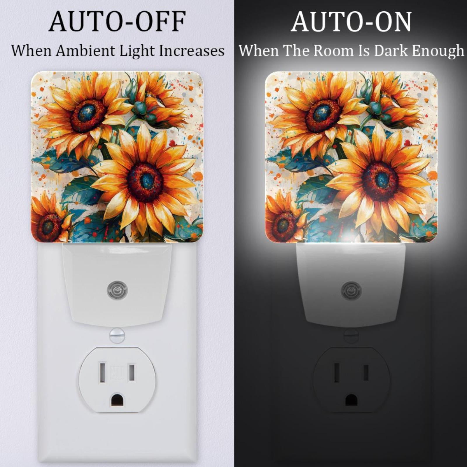 PhooArto Splash Sunflowers Pattern Plug in LED Night Light Auto Sensor Dusk to Dawn Decorative Night for Bedroom, Bathroom, Kitchen, Hallway, Stairs, Baby's Room, Energy Saving