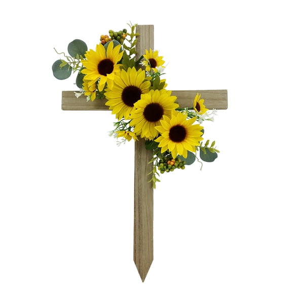 Mainstays 23.5 inches Outdoor Artificial Cemetery Floral Wood Cross, Sunflower Yellow Color