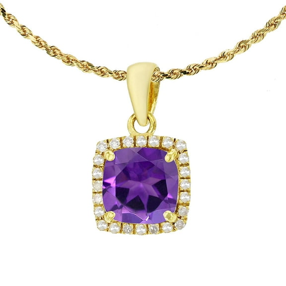 Decadence 14K Yellow Gold 7mm Cushion Gemstone & 0.12 CTTW Diamond Halo 18" Rope Chain Necklace