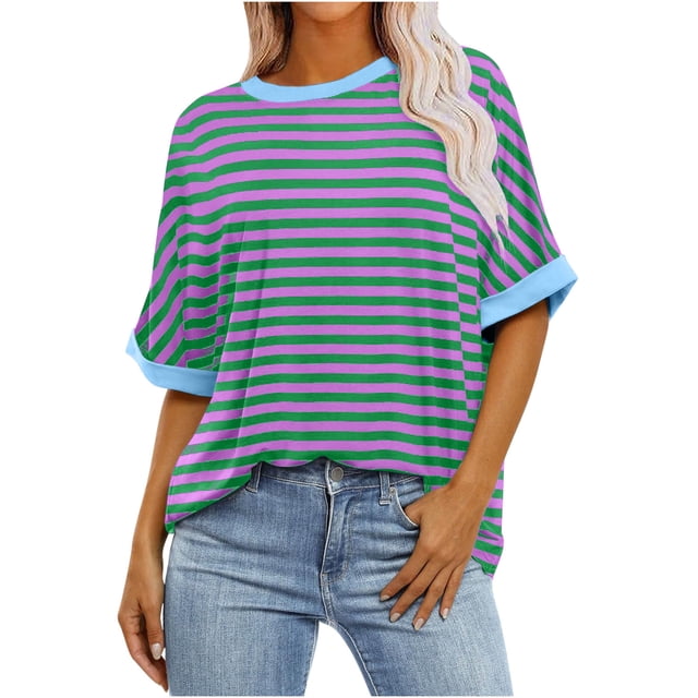 Timegard Womens Oversized Tops Striped Short Sleeve Color Block Crew Neck Drop Shoulder Casual Tee Tops