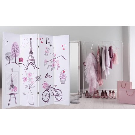 Legacy Decor 4 Panel Room Divider Privacy Screen Double Side Digital Print Tour of Paris Theme 5.9 ft Tall