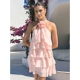 thumbnail image 5 of Women's Floral Backless Mini Halter Neck Applique Layered Ruffled Hem Dress for Party Pink L, 5 of 8