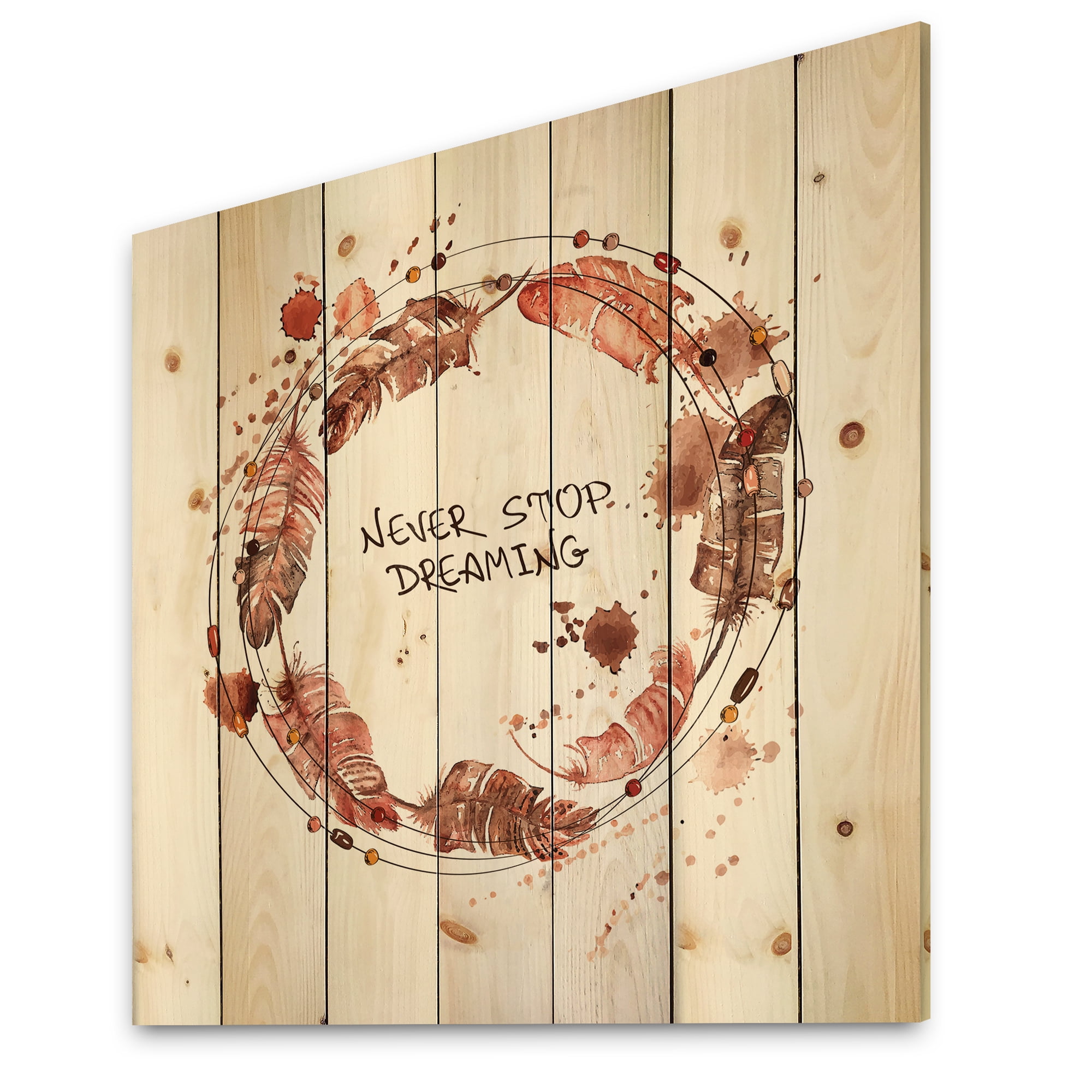 Designart 'Impression Of Bird Feathers Wreath' Traditional Print on Natural Pine Wood
