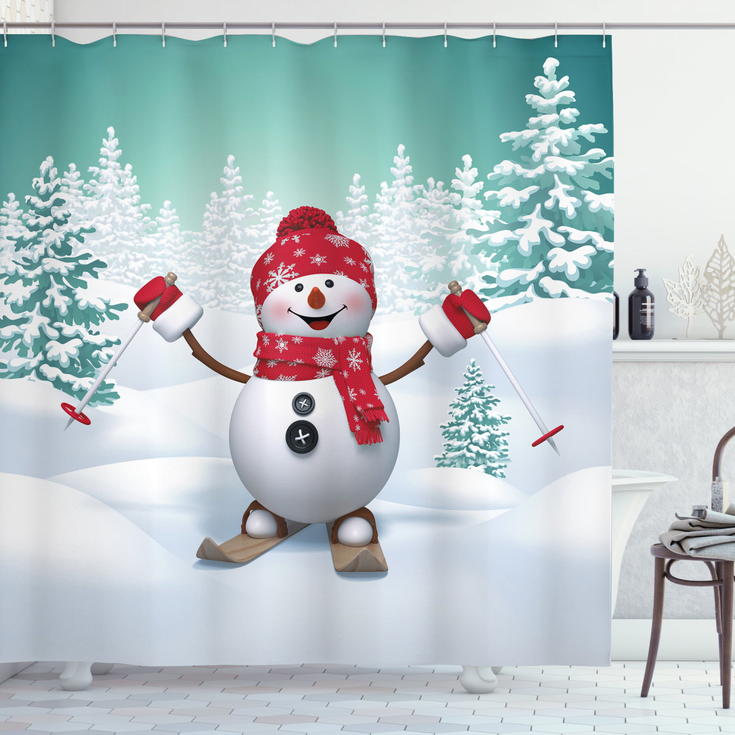 Xmas Cat With Red Scarf And Balls Bathroom Fabric Shower Curtain Set 71Inches