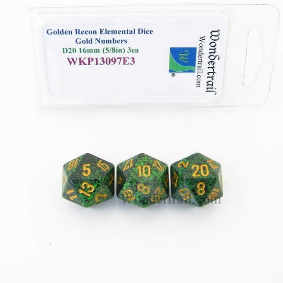 Golden Recon Elemental Dice with Gold Numbers 16mm (5/8in) D20 Pack of 3 Wondertrail