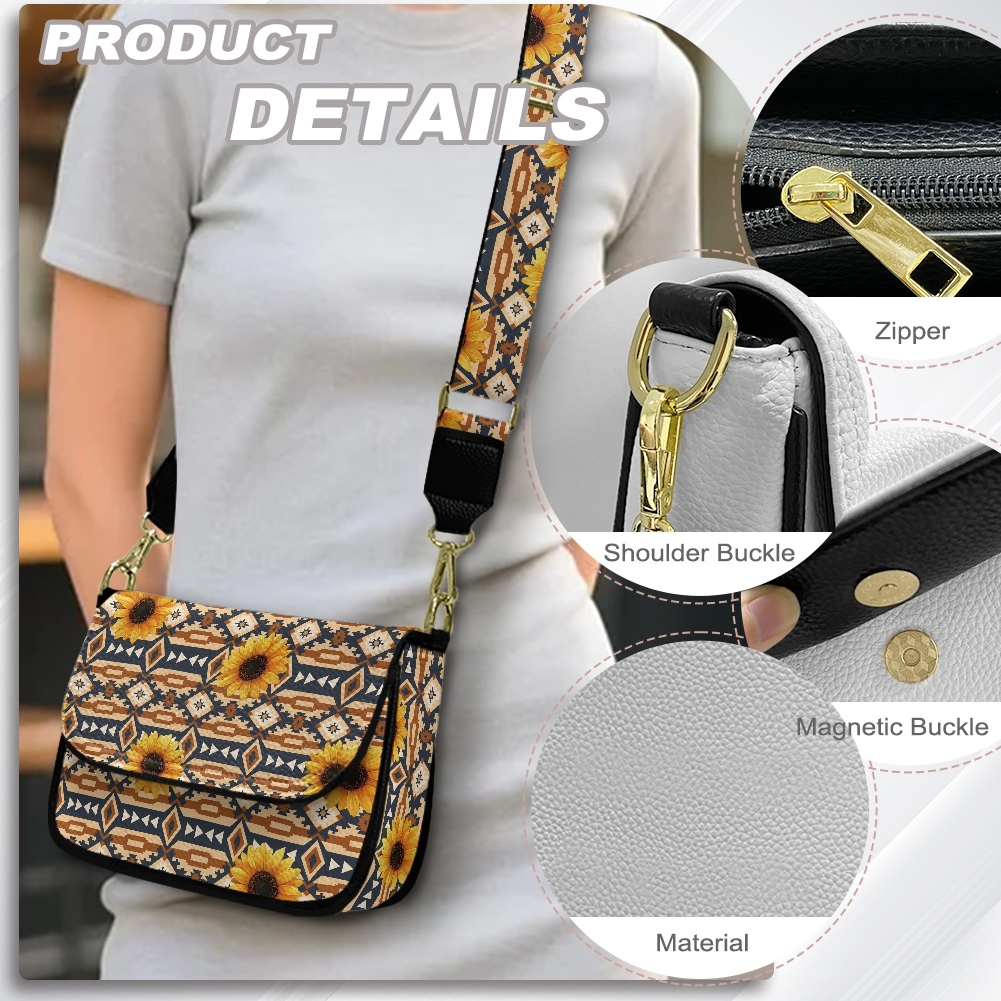 TSOVTHRID Aztec Tribal Sunflower Print Crossbody Bags for Women, PU Leather Cross Body Purses, Trendy Handbags Shoulder Bag with Adjustable Strap