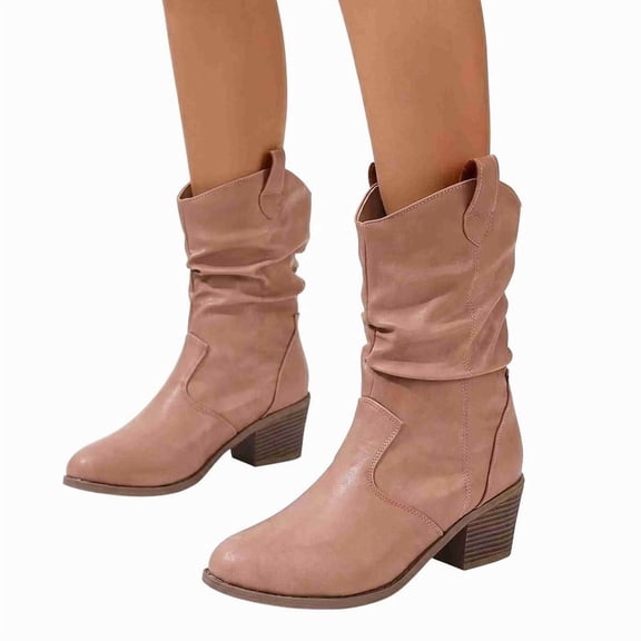 Women's Slouchy Mid-Calf Western Boots with Folded Shaft & Block Heel Mid-Calf Boots