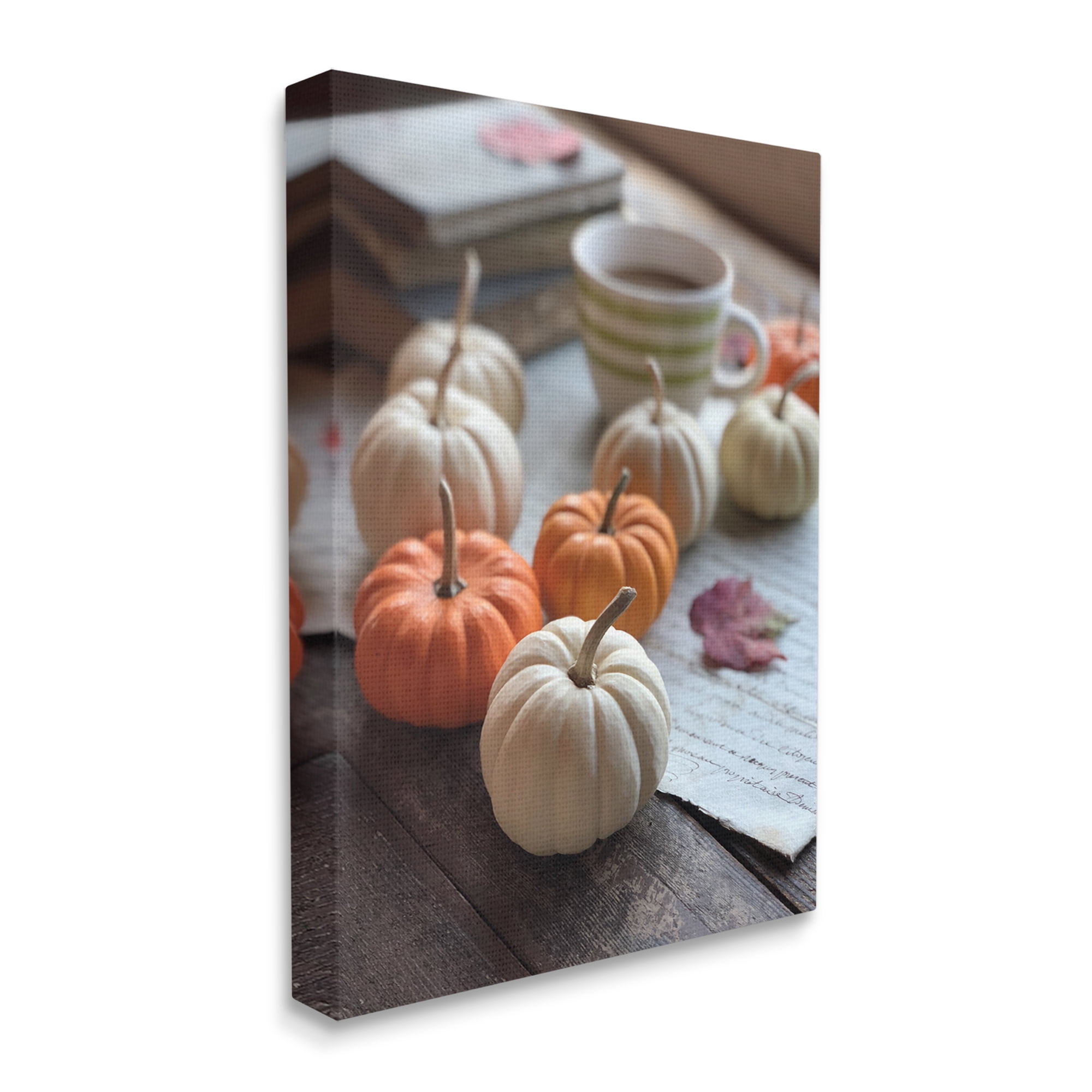 Cozy Pumpkins Scattered Leaves Coffee Mug Photography Botanical & Floral Photograph Gallery-Wrapped Canvas Print Wall Art