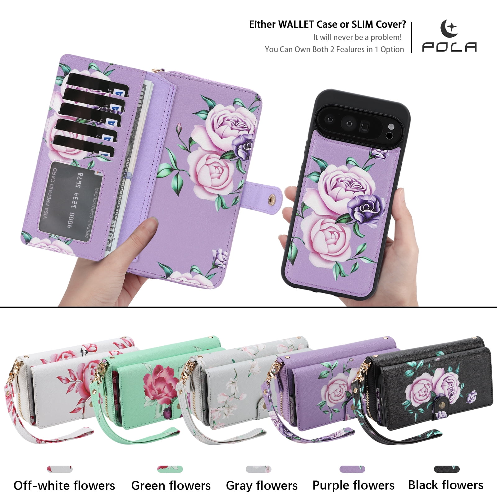 TECH CIRCLE 2-in-1 Wallet Case for Google Pixel 10 / 10 Pro (6.3", 2025), Detachable Magnetic Back Cover, Flip Flower Phone Case with 15 Card Slot, Zipper Pocket, Crossbody Strap, Wrist Strap, Purple