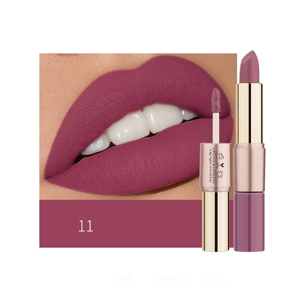 Labial Doble Punta Mate de Larga Duración, Hidratante y Resistente al Agua, Ideal para Uso Diario y Maquillaje, Color #1.1 Nude Té con Leche, Diseño 2 en 1 de Lápiz Labial y Brillo Labial.