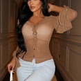 thumbnail image 2 of JSKUMAR Women's Long Sleeve Slim Crop Tops Basic T-Shirts Solid Bodysuit Spring Summer Tee Tops Khaki,XL, 2 of 7