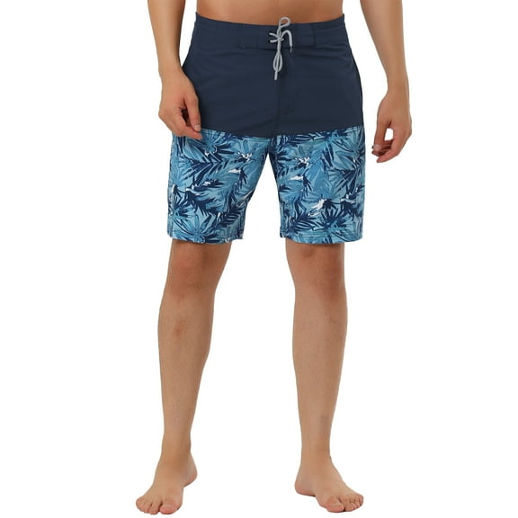 Unique Bargains Men's Summer Swim Color Block Drawstring Beach Board Shorts 32 Navy Leaf