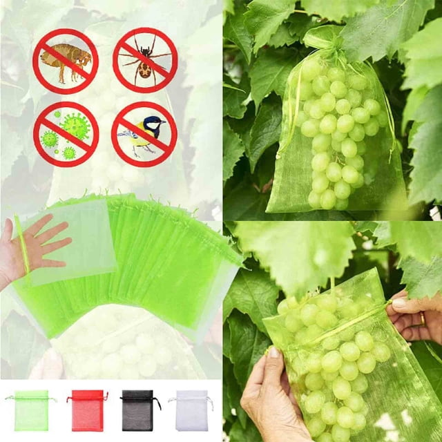 Xihbxyly Bolsas Protectoras de Uva y Fresa, Diseño de Malla Transpirable, Organza Resistente, Protegen de Pájaros E Insectos, Cierre Fácil con Cordón, Paquete de 100 Unidades, Tamaño 10 X 12 Cm.