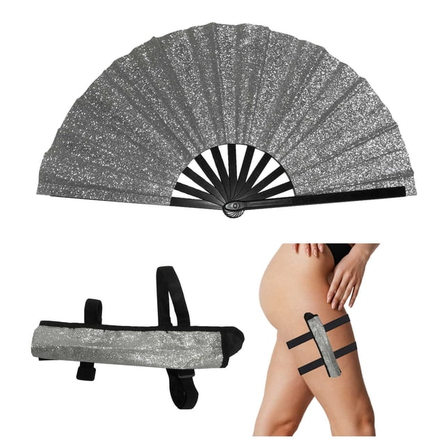 Abanico plegable con purpurina CLLC de 33 cm, abanico antiguo con ventosa magnética y funda, abanico Hanfu para niños, apto para hombres y mujeres, ideal para festivales, clubes, fiestas y bailes (A,