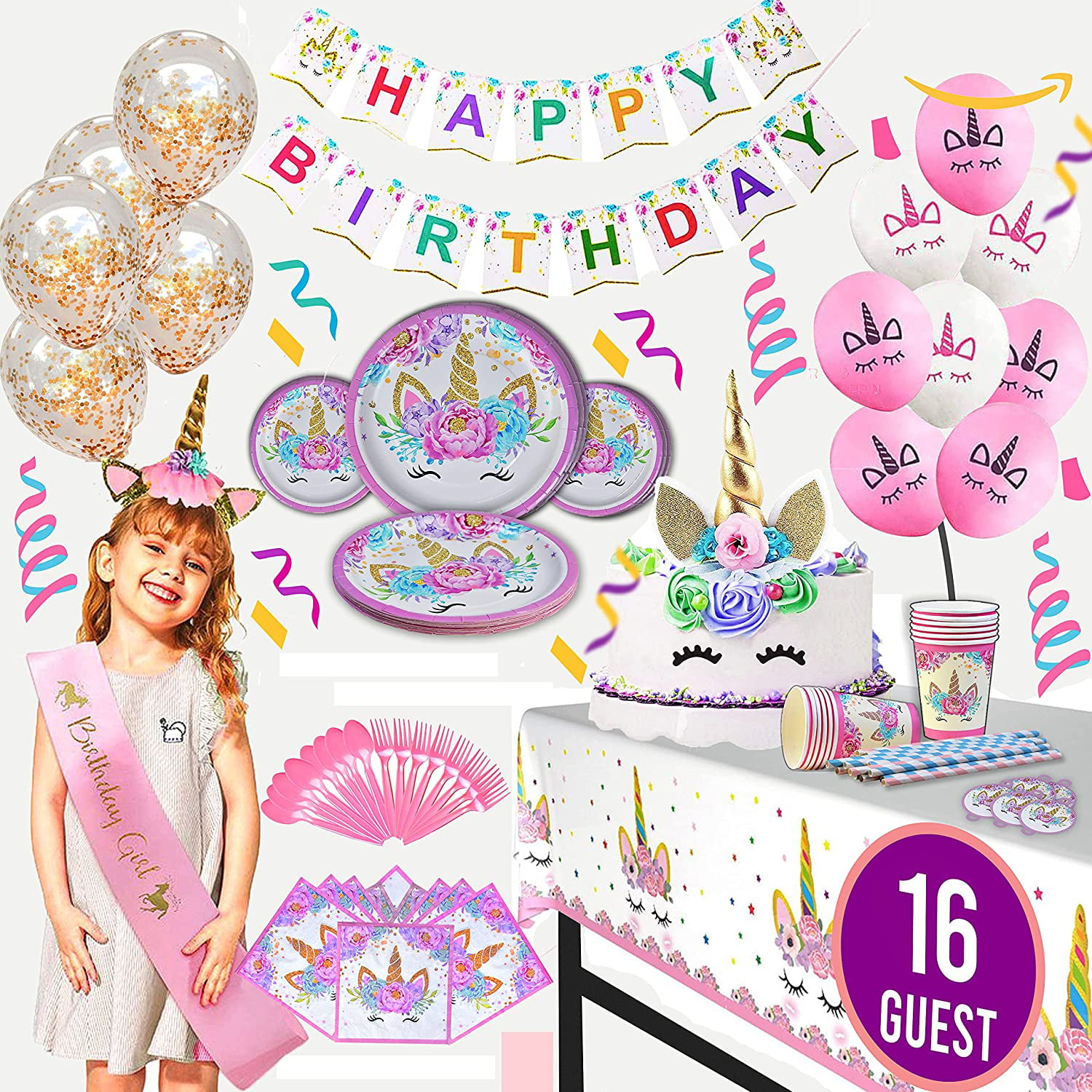 Forks & Spoons Set Dinning & Dessert plates Tablecloth Cups Headband & Sash Unicorn Cake Topper Value Smash Unicorn Party Supplies 16 guests for girls with Birthday Banner 15 balloons 