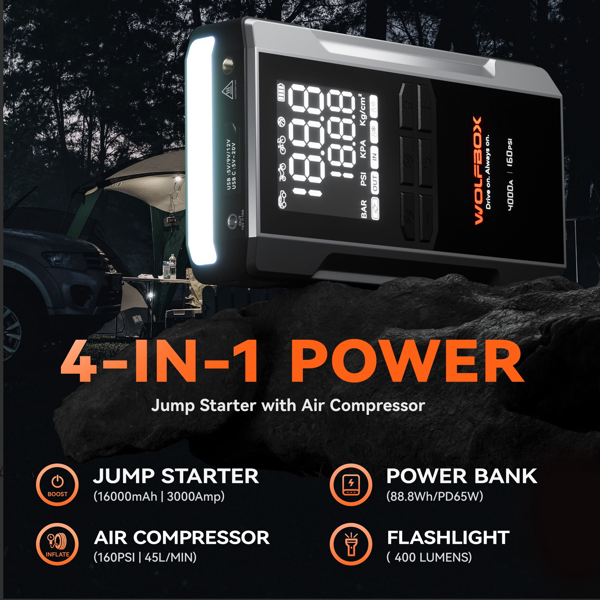 WOLFBOX 4000A Jump Starter with 160PSI Air Compressor, 65W Fast Charge, 24000mAh Battery Booster Portable Tire Inflator, for 10L Gas & Diesel Engines