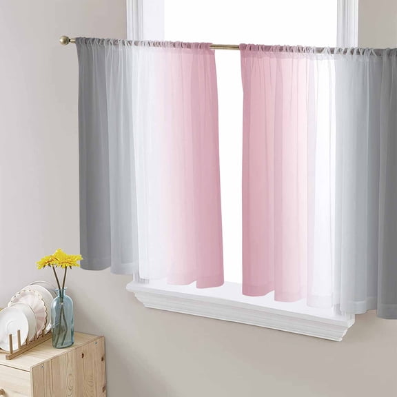 Pink Grey White Sheer Curtains 45 Inch Length 2 Panels Set for Living Room/Bedroom, Farmhouse Ombre Color Modern Simple Semi Curtain Sheers Drapes Rod Pocket Curtains Window Treatment Set 52''x45''x2