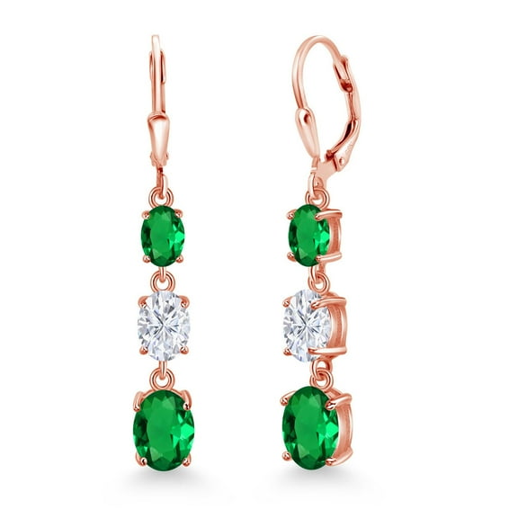 Gem Stone King 18K Rose Gold Plated Silver Green Nano Emerald 3 Stone Dangle Earrings for Women (4.10 Cttw, Gemstone May Birthstone, Oval 8X6MM, 7X5MM and 6X4MM)